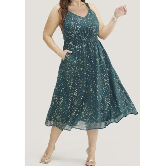 Emerald green with gold foil stars midi sleeveless dress - Picture 2 of 13